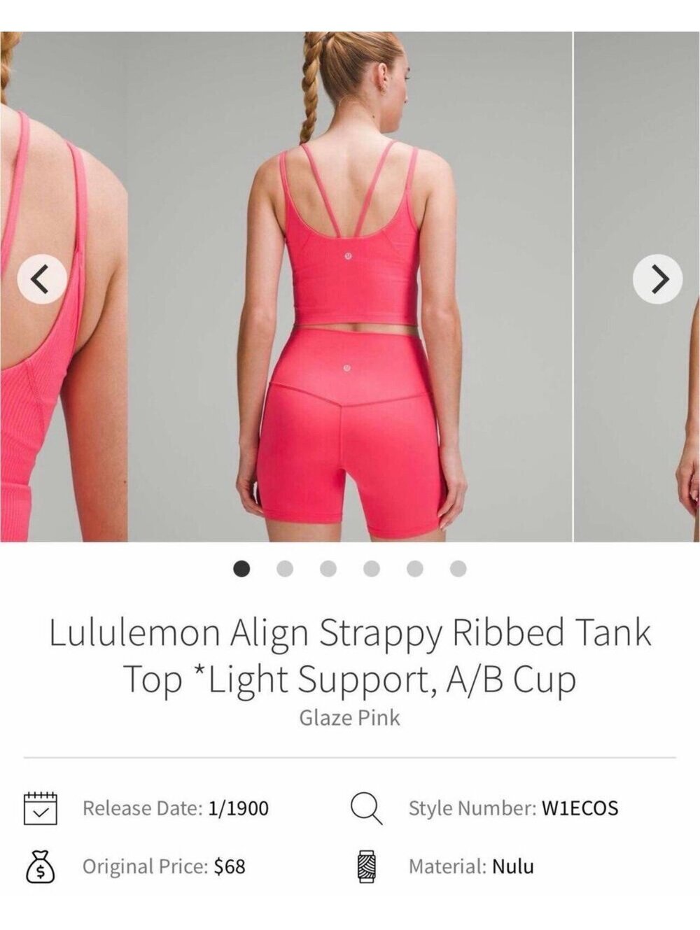 Lululeon Align Strappy Ribbed Tank Top *Light Support, A/B Cup Glaze Pink size 8 - Picture 6 of 7